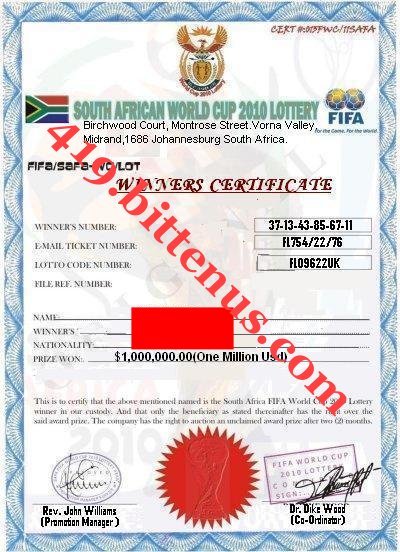 South African Lotto winning certificate